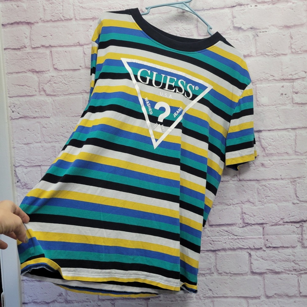 GUESS Originals Striped Logo Tshirt Mens Sz M Y2K Retro Streetwear Skater Casual - Picture 3 of 8